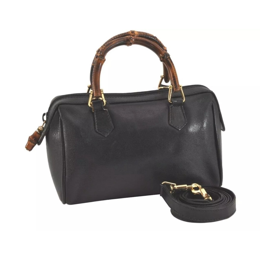 Women's Gucci Black Leather Bamboo Handle Boston Bag Small